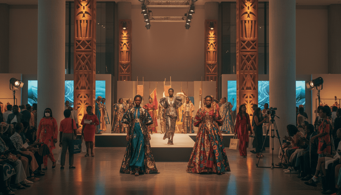 Interior view of the African Fashion Fusion Show venue in Offa showing runway setup with lighting and fashion displays