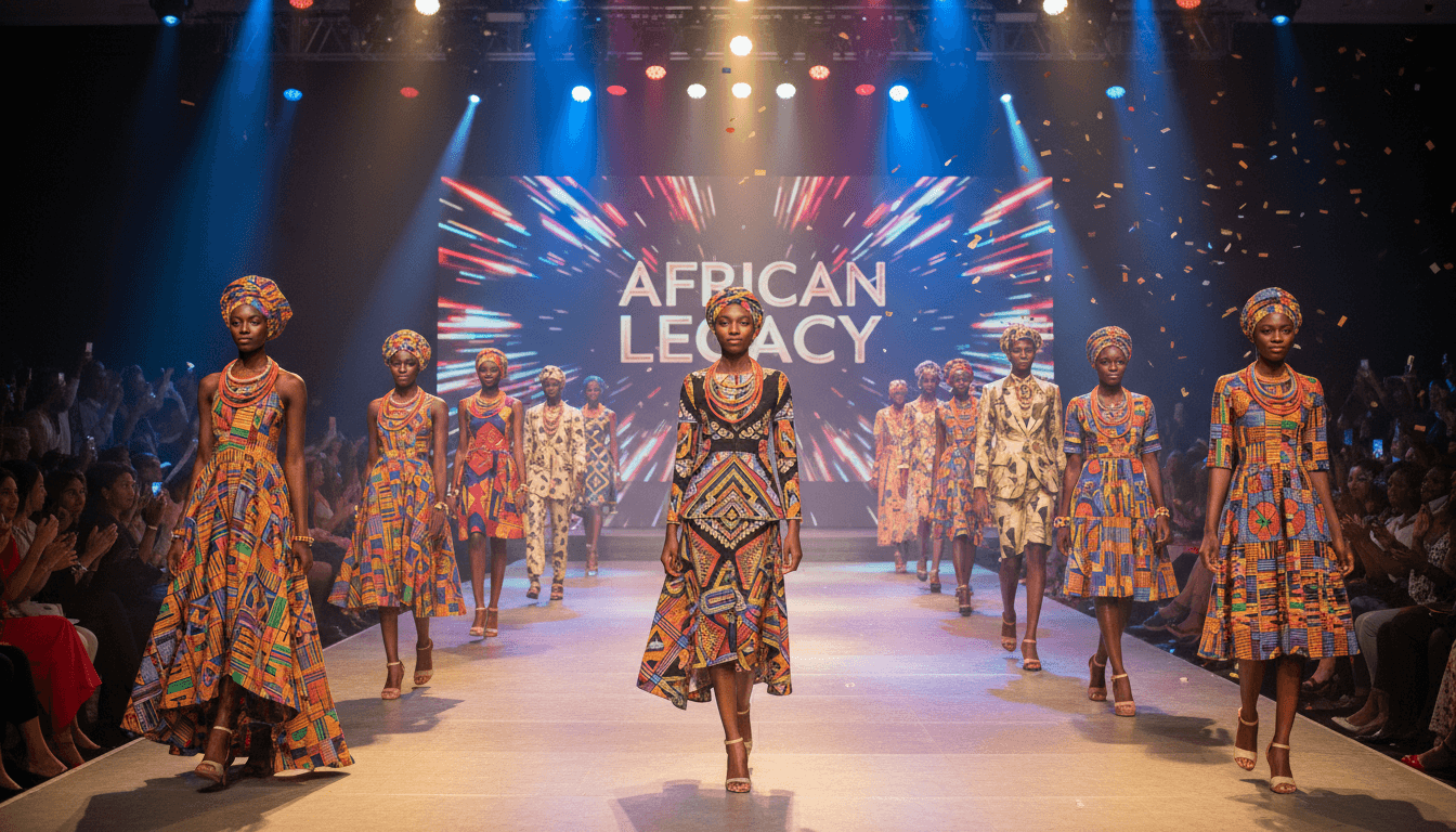 Models wearing vibrant African fashion designs on a professional runway stage at the African Fashion Fusion Show