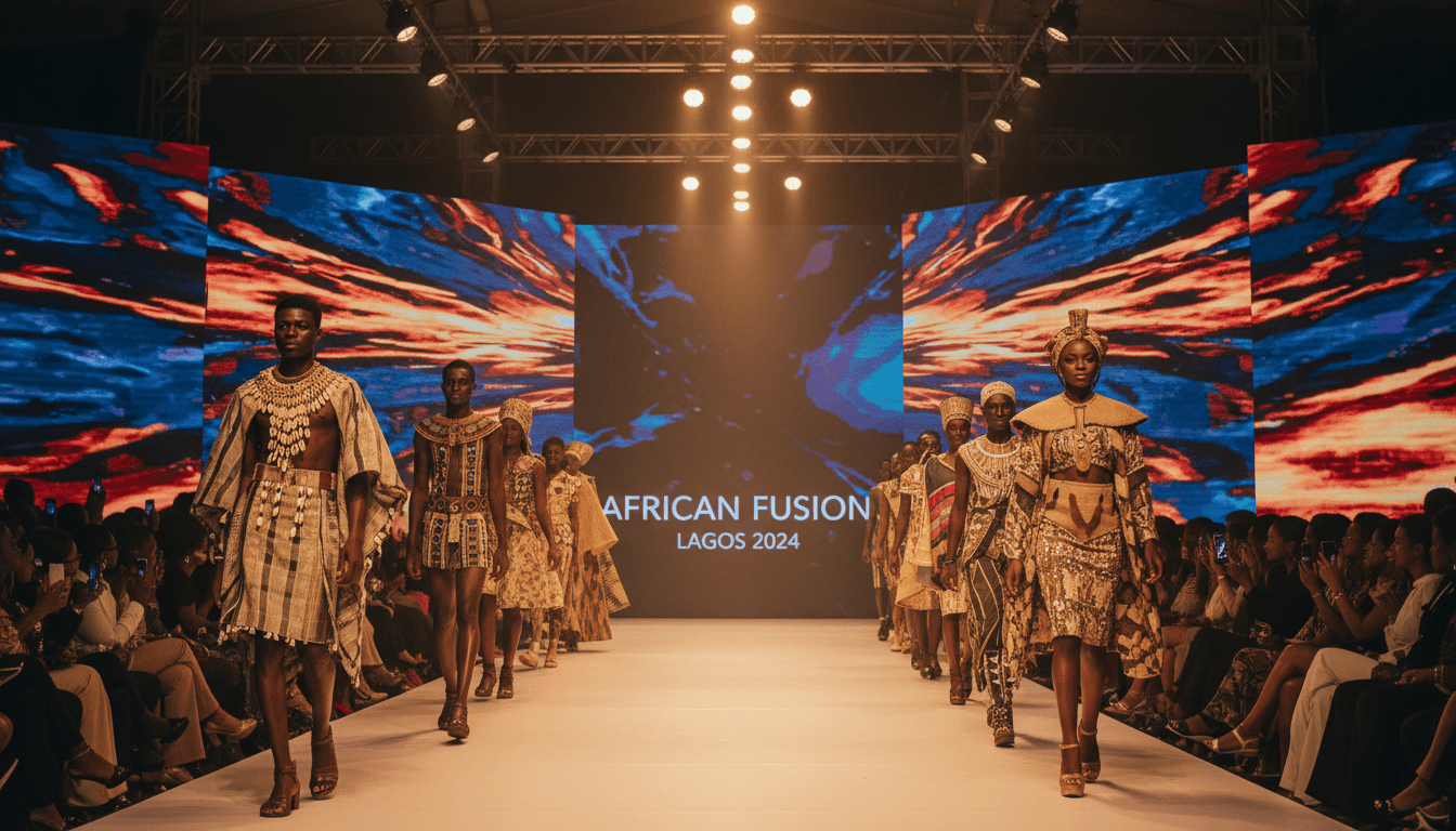 African fashion designers and models on an illuminated runway stage at AFFS 2.0, showcasing vibrant traditional and contemporary designs