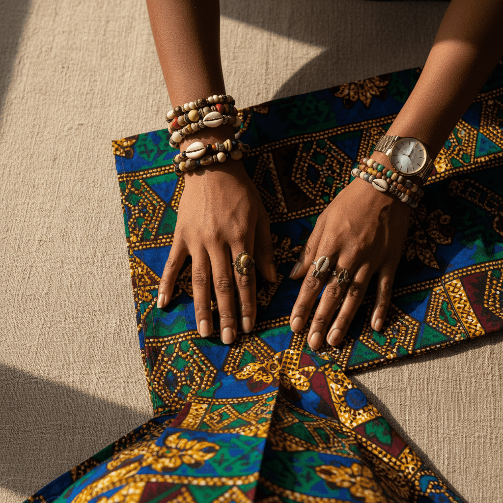 Detail shot of African prints and beaded fashion pieces